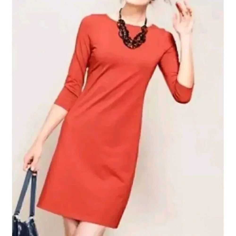 Garnet Hill Calais Dress A -Line Shift Coral Tangerine 3/4 Sleeve Dress Size M